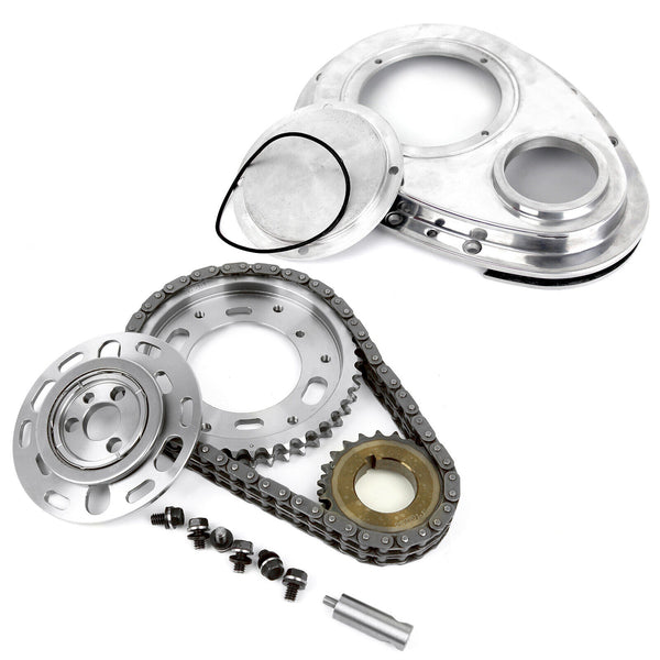 Chevy SBC 350 Double Roller 2pc Adj Billet Steel Timing Chain & Cover Kit