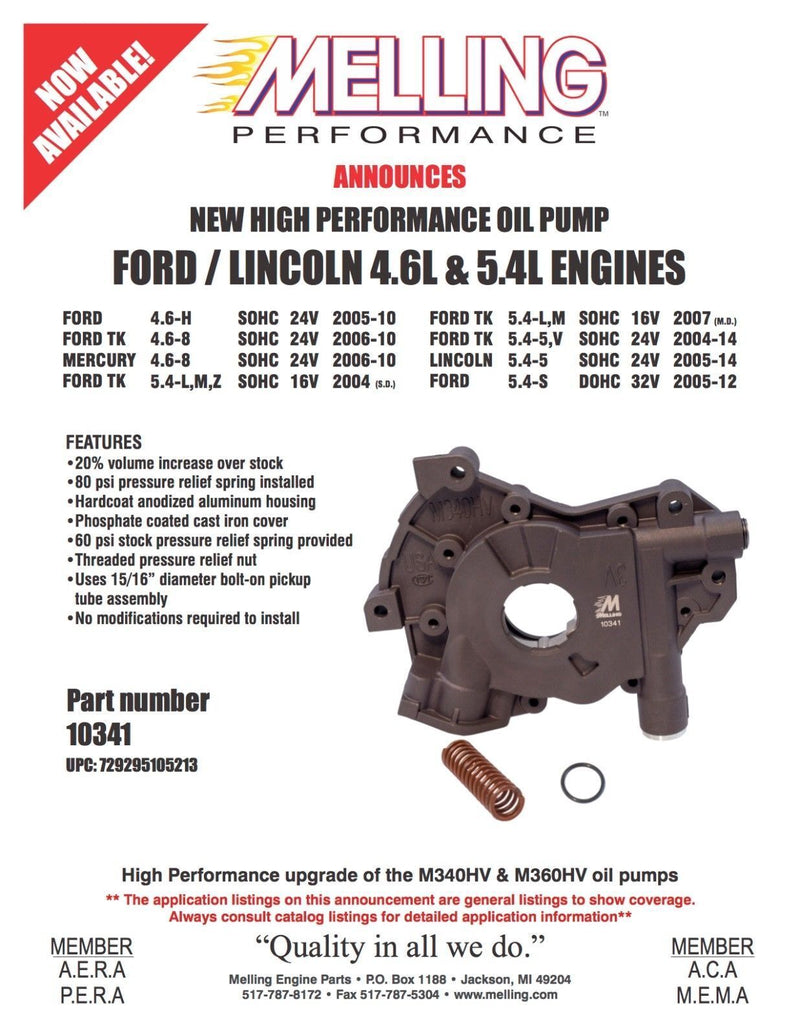 Melling 10341 20% High Volume & Pressure Oil Pump 2004-14 Ford 4.6 4.6L 5.4 5.4L