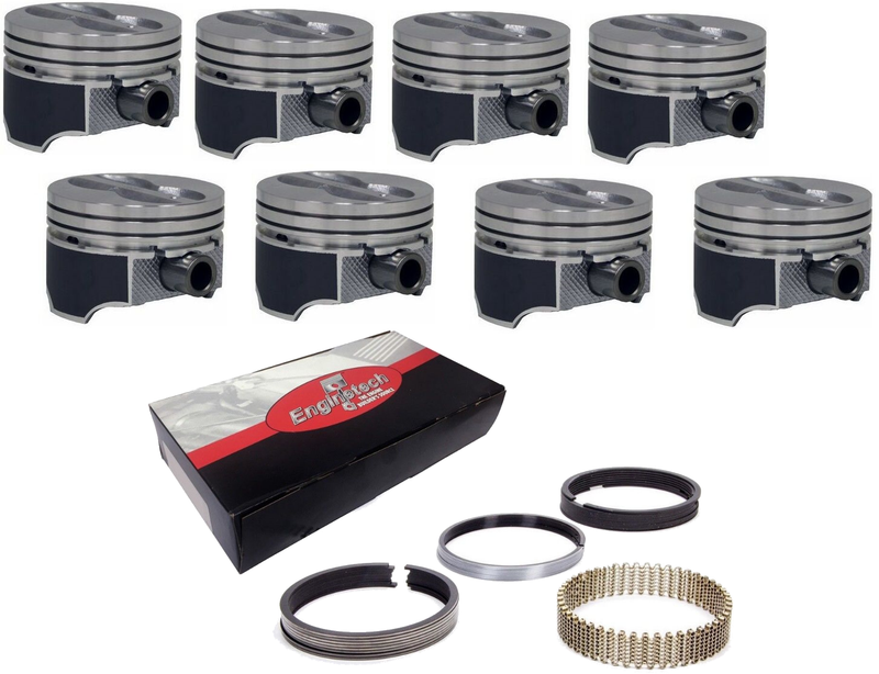 Coated Skirt Hypereutectic Flat Top Pistons w/ Rings for Chevrolet SBC 350 5.7L